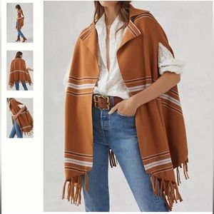 NWT Anthropologie Striped Fringe Capelet in Brown One Size